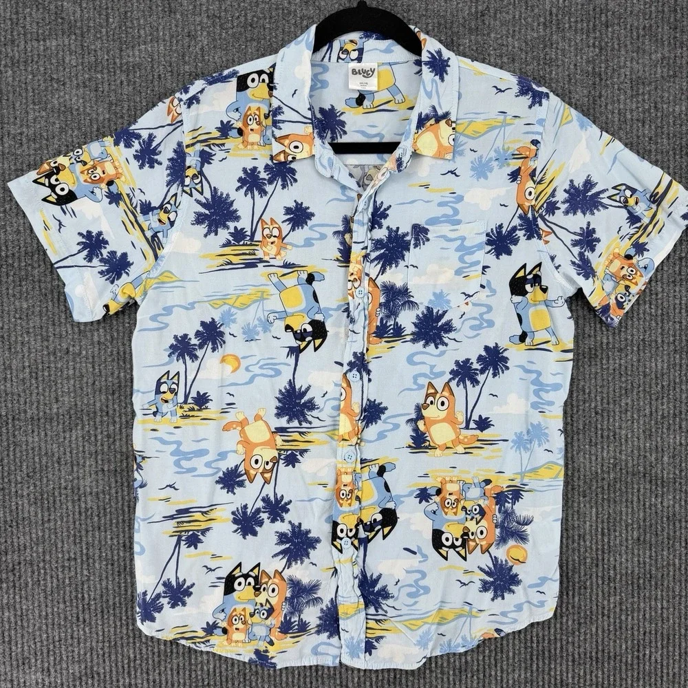 Bluey boys XXL short sleeve button up hawaiian shirt rayon cartoon tiki vacation